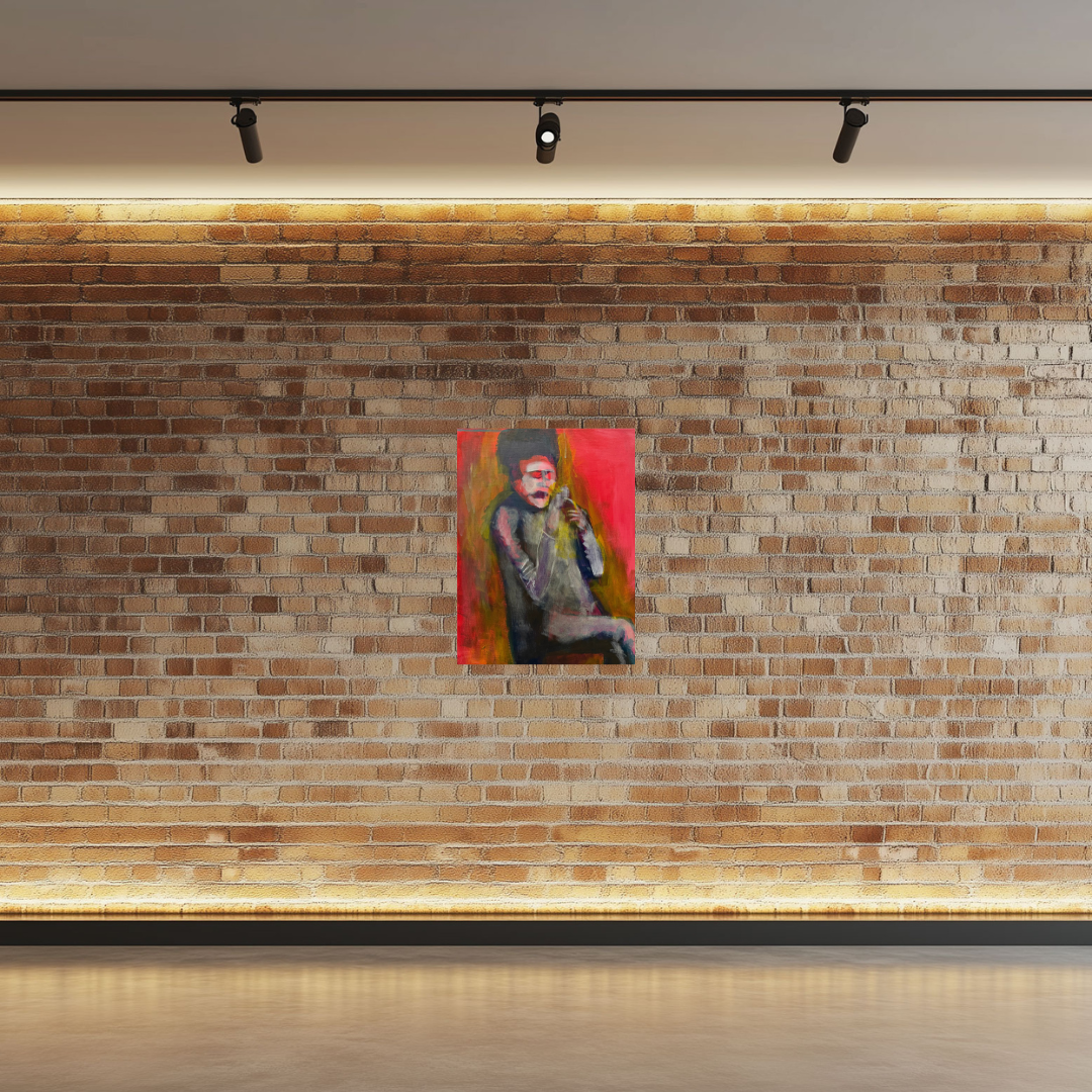 A lone figure in black leans back while lighting a cigarette, surrounded by intense red tones in this contemporary painting by Guillo Perez III, capturing a quiet moment of detachment and reflection set against a brick wall.