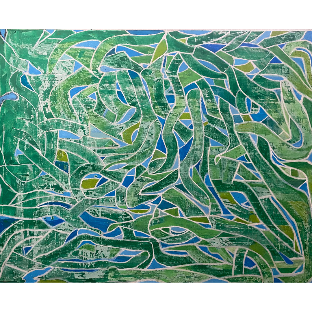 Abstract No. 2, original mixed media on canvas by Greg Latch, tangled green ribbons outlined in white with shards of bright blue and lime showing through, Marcolina's Fine Arts Gallery, Tampa, Florida