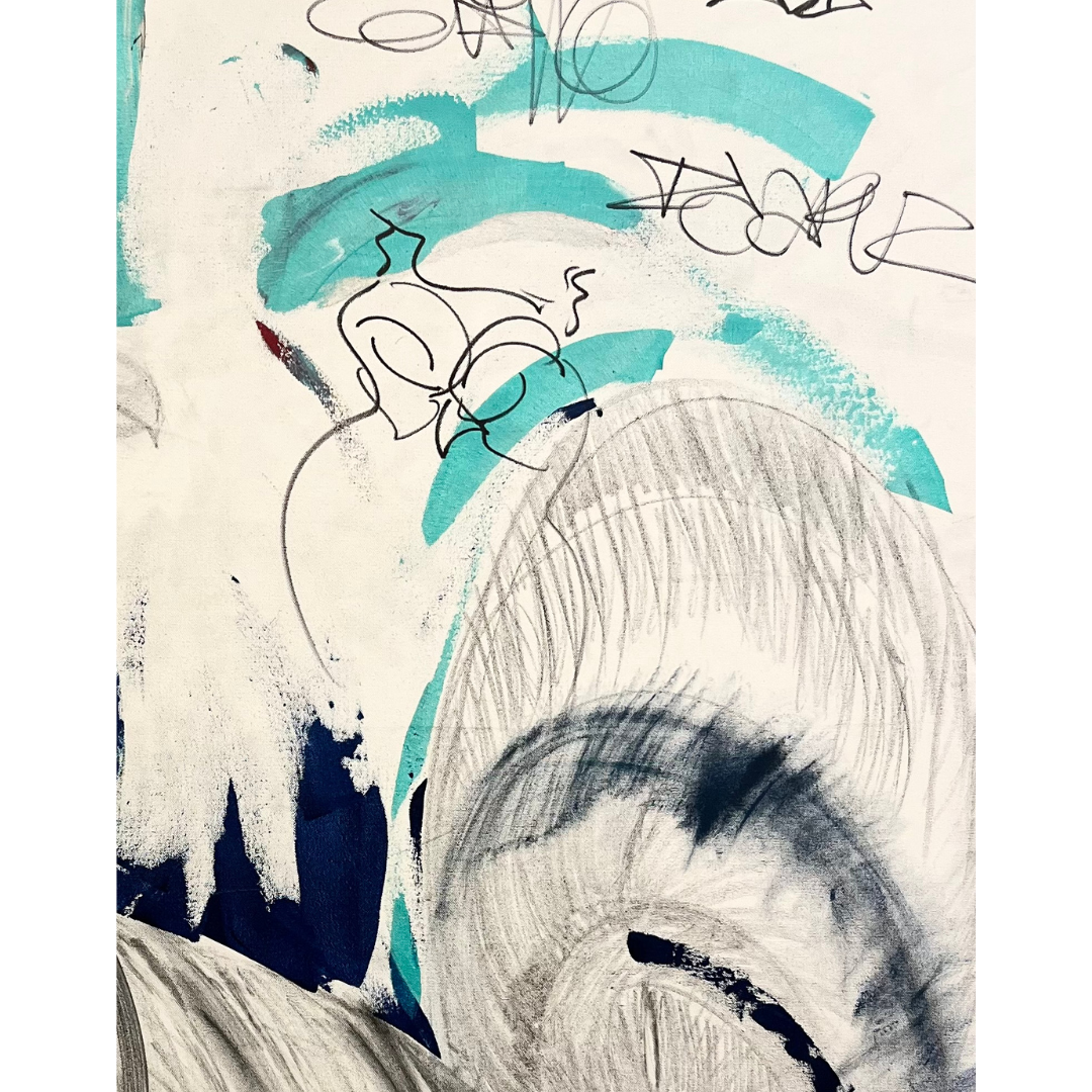 Apollo detail, rooster tail and mixed media elements by Guillo Pérez 3, layered texture and gestural brushwork, original painting Marcolina's Fine Arts Gallery Tampa