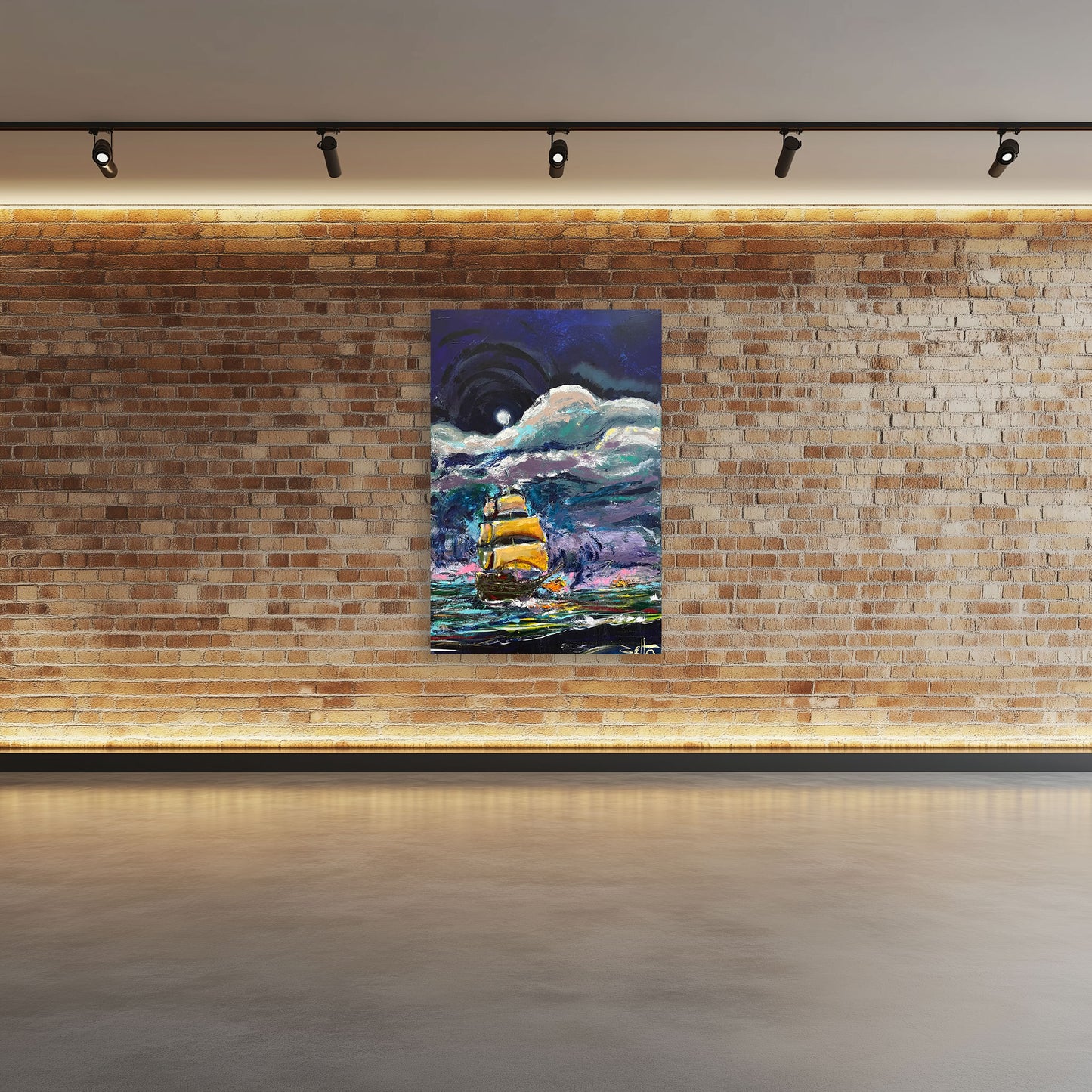 Captain Grey Beard oil painting by Guillo Perez 3 over a brick wall.