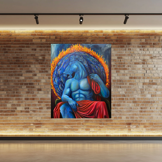 Claudere Fenestram, original oil painting by Blake Emory on a brick wall, a seated blue figure with a horse’s head before a ring of fire and a red cloth over its lap, Marcolina’s Fine Arts Gallery, Tampa, Florida.
