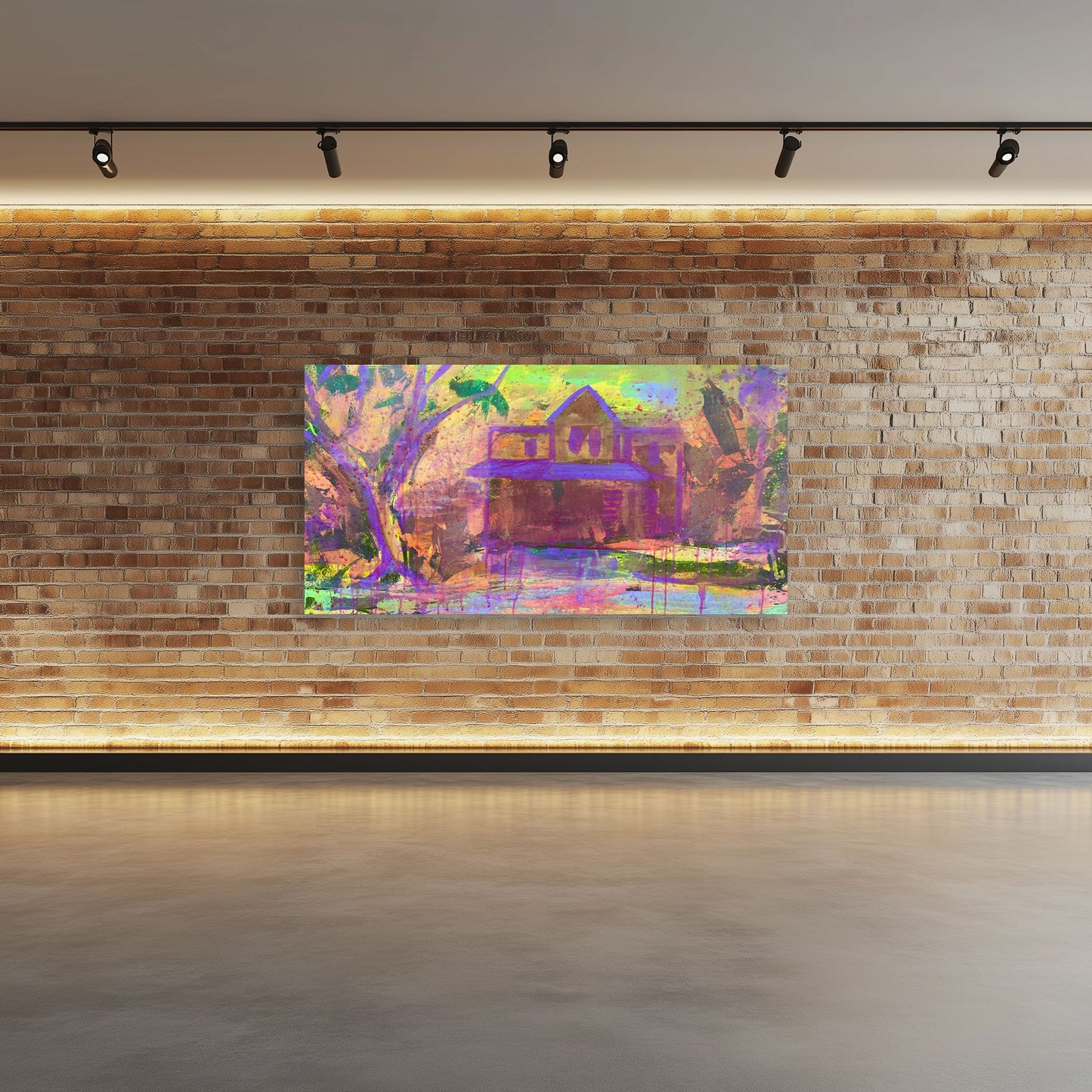 It’s Dawn’s First Light” oil painting by Guillo Perez III featuring a glowing horizon, rich textures, and expressive palette-knife strokes of a South Tampa Victorian home, presented on a brick home.