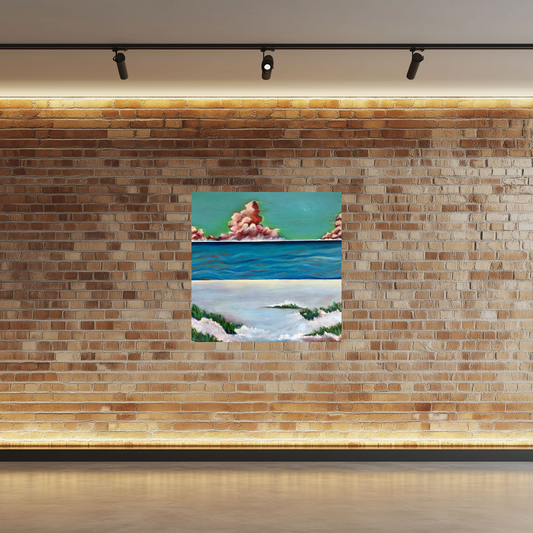 Day Dreams Clouds 2, acrylic painting by Elizabeth Fontaine-Barr, Marcolina's Fine Arts Gallery, Tampa, Florida on brick wall.