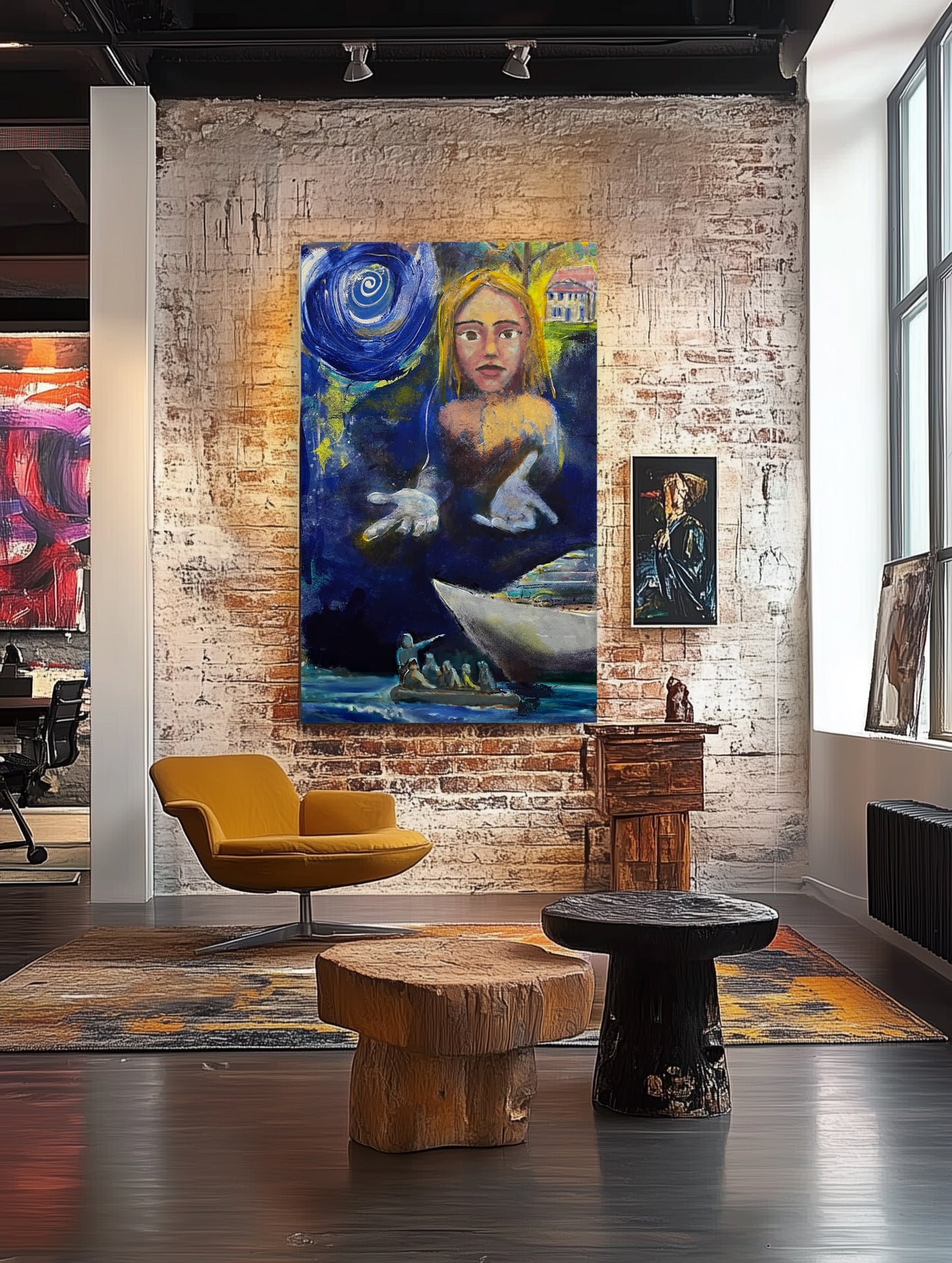 Hope by Guillo Perez III, 48x30 in oil on canvas: young figure extending hands against a cerulean blue background, symbolizing love, resilience, and hope, presented in salon area.