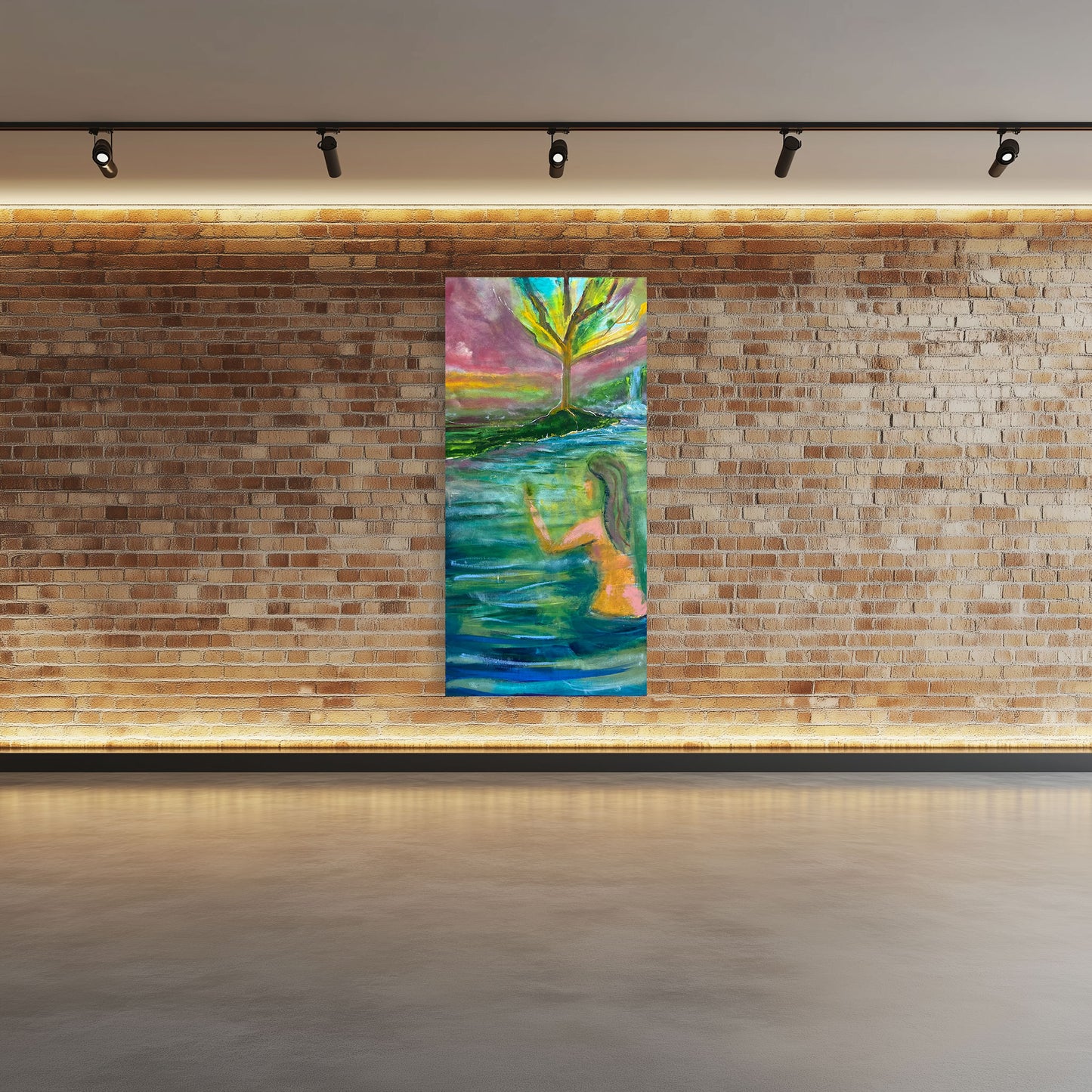 Missing Paradise by Guillo Perez III, oil painting of a woman focused on her cell phone against a lush blue and green landscape, with expressive brushwork and color contrast, over a brick wall.