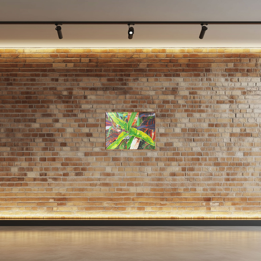 Nature Series Seven, oil painting by John Gurbacs, displayed on a brick wall, Marcolina's Fine Arts Gallery, Tampa, Florida