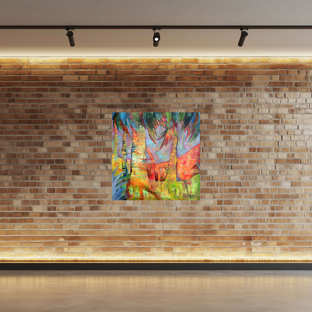 Palm Jungle, acrylic painting by Elizabeth Fontaine-Barr, Marcolina's Fine Arts Gallery, Tampa, Florida on brick wall.