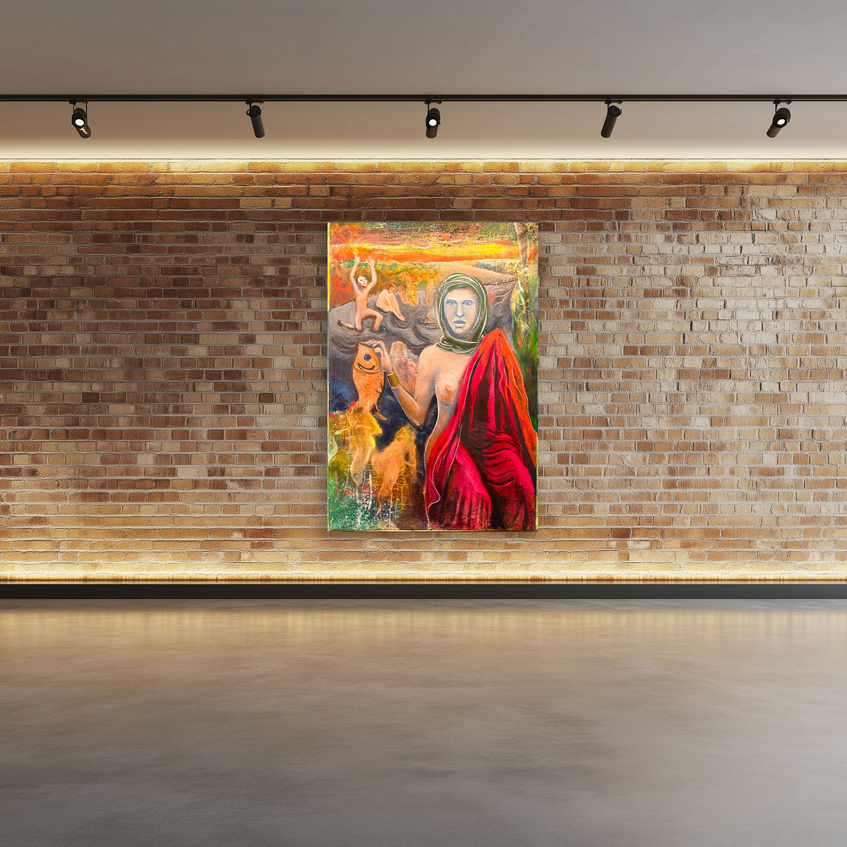 Painting titled "Return of Abundance" by Guillo Perez 3 over a brick wall.