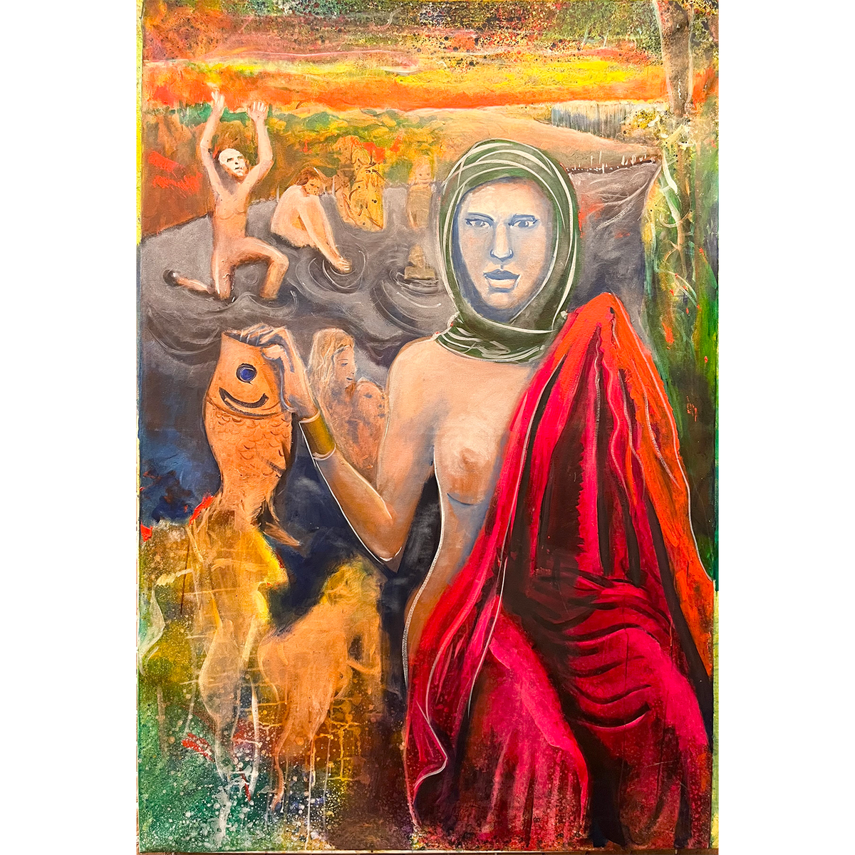 Return of Abundance by Guillo Perez 3, oil painting of a figure holding a fish amidst fiery skies and turbulent waters, symbolizing resilience, hope, and harmony in chaos.