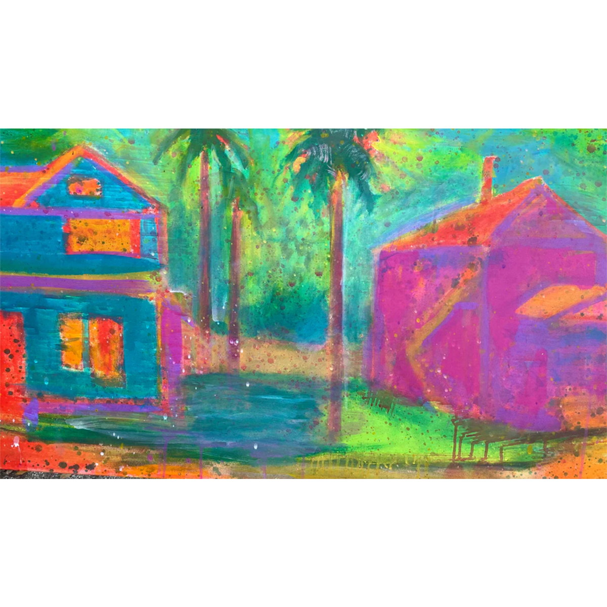 Acrylic painting “Sun and Moon” by Guillo Pérez III featuring two colorful South Tampa Victorian homes, one pink, one turquoise, with tall palm trees and vibrant tropical tones.