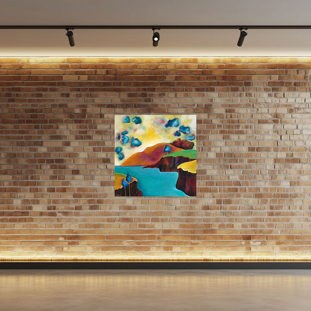 Tomorrow's Cotton Candy Clouds, acrylic painting by Elizabeth Fontaine-Barr, Marcolina's Fine Arts Gallery, Tampa, Florida on brick wall.