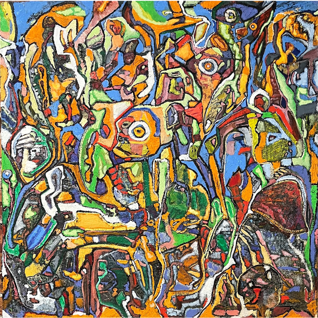 What If, original oil painting by Greg Latch, a square canvas crowded with faces and eyes in cobalt blue, orange and green, with a large bullseye eye at the center, Marcolina's Fine Arts Gallery, Tampa, Florida
