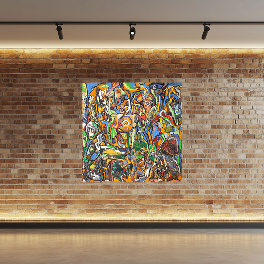 What If, original oil painting by Greg Latch, a square canvas crowded with faces and eyes in cobalt blue, orange and green, with a large bullseye eye at the center, displayed on brick wall, Marcolina's Fine Arts Gallery, Tampa, Florida