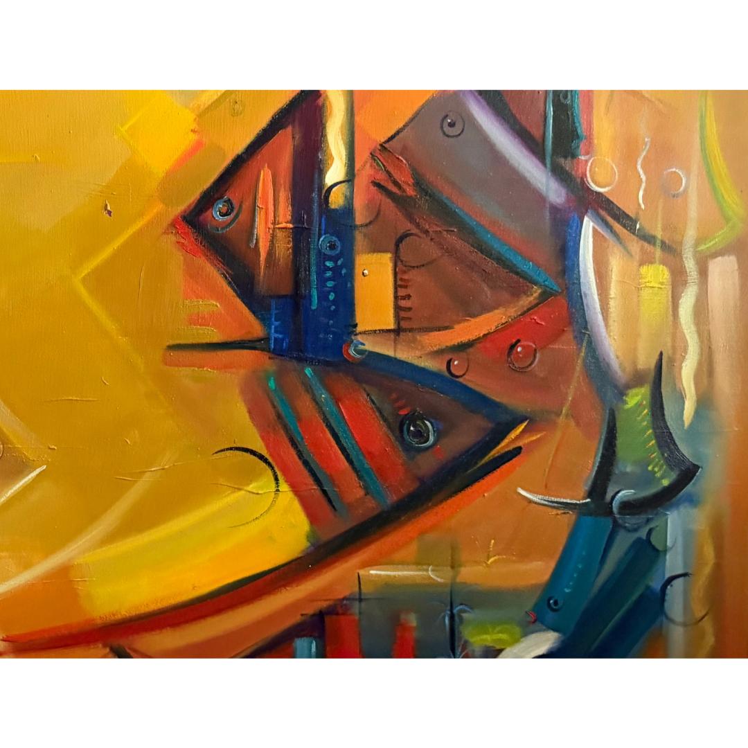 Close-up detail of Acuario by Willy Pérez, layered brushwork and angular fish forms in gold, red and blue