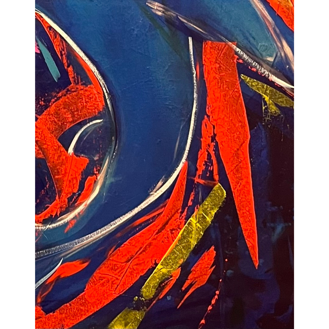 A section of Poseidon painting by Guillo Pérez III, vibrant abstract acrylic painting featuring a blue mythic figure surrounded by red and purple energetic oceanic strokes.