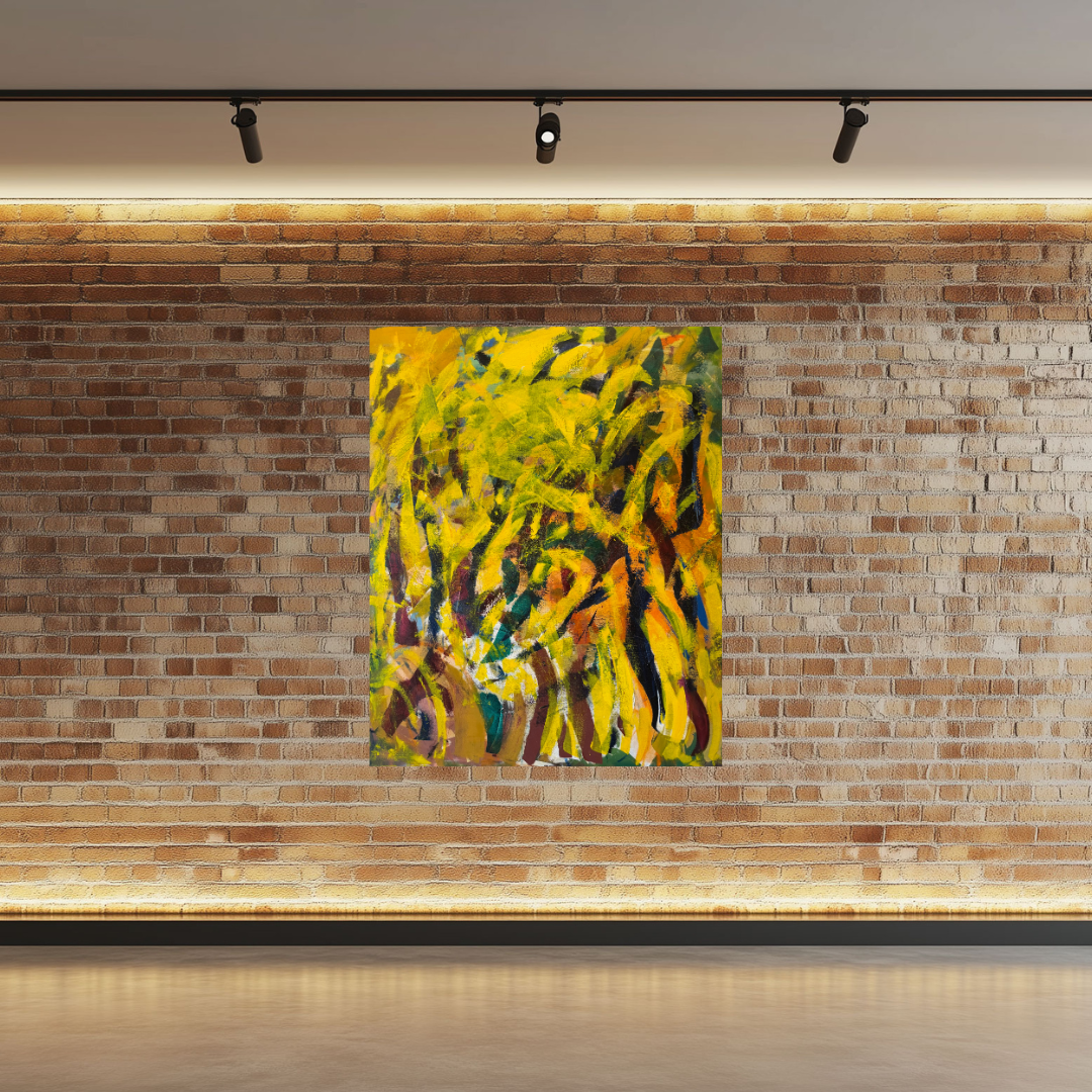 Solar Drift by Guillo Pérez 3, abstract cosmic acrylic painting from the Nebula Collection featuring vibrant yellow, green, and ember tones in sweeping motion over a brick wall.