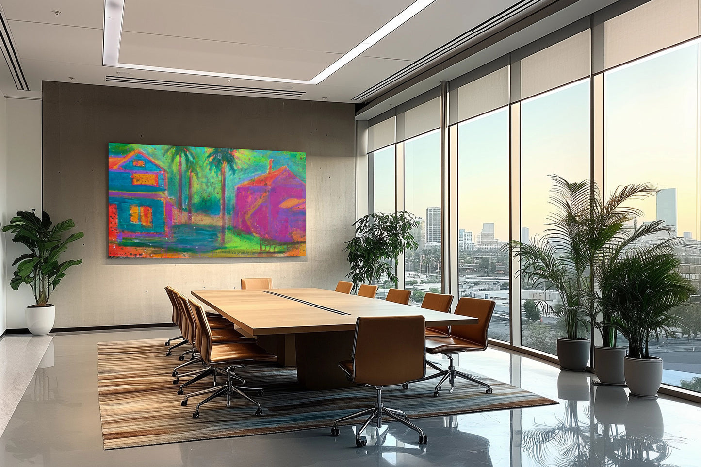 Acrylic painting “Sun and Moon” by Guillo Pérez III featuring two colorful South Tampa Victorian homes, presented in conference room.