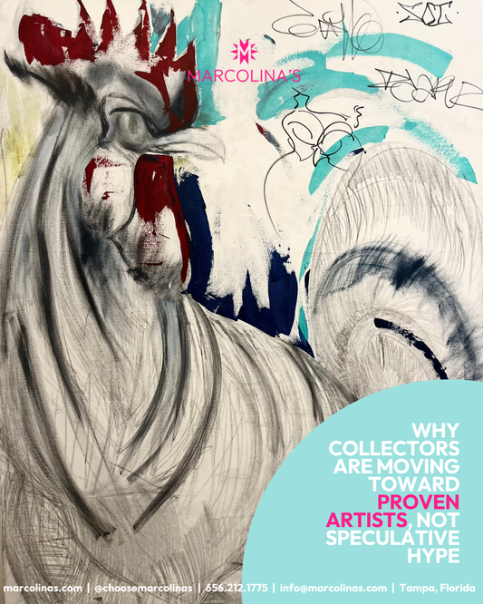 Marcolina's Journal titled Why Collectors Are Moving Toward Proven Artists, Not Speculative Hype, showing a painting of Guillo Perez 3 mixed media painting