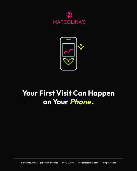 Line-art smartphone showing a framed painting on its screen, with a heart below it and a small lime sparkle beside it, above the headline “Your First Visit Can Happen on Your Phone” on a black background with the Marcolina’s logo.