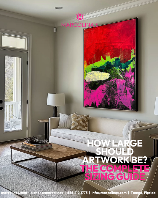 Large abstract painting by Guillo Pérez 3 over a sofa, Marcolina's Fine Arts Gallery Tampa