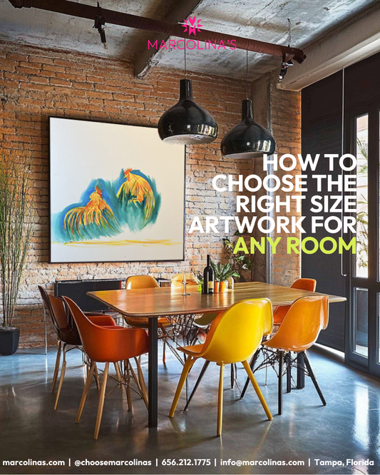 Original artwork sized correctly in dining room. How to choose the right size artwork for any room. Marcolina's Fine Arts Gallery Tampa Florida