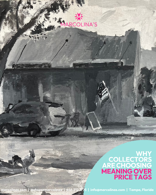Why Collector's Our Choosing Meaning Over Proce tag, Marcolina's gallery journal. Cover acrylic painting by Tampa based artist Rashad Daniels