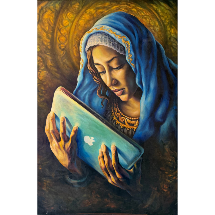 Anonymous contemporary painting depicting a serene female figure in blue and gold holding a laptop with Apple logo, blending sacred iconography with modern technology.