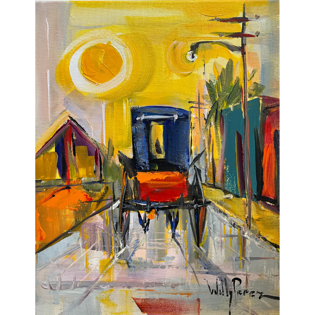 Carriage II acrylic painting by Willy Perez, colorful horse carriage under golden sun in abstract urban Caribbean scene