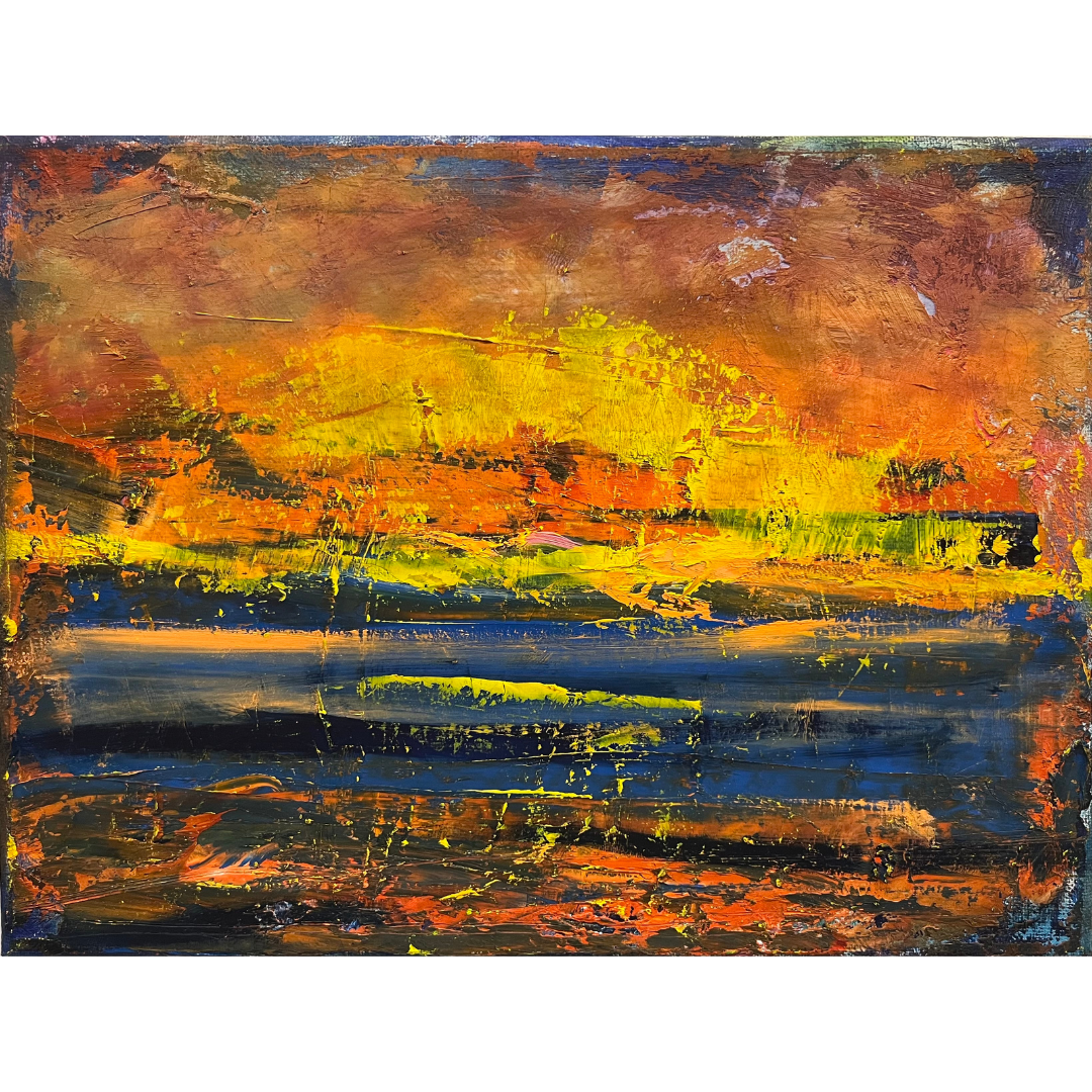 Abstract fiery landscape oil painting by Guillo Perez III using palette knife technique, warm orange sky over deep blue water