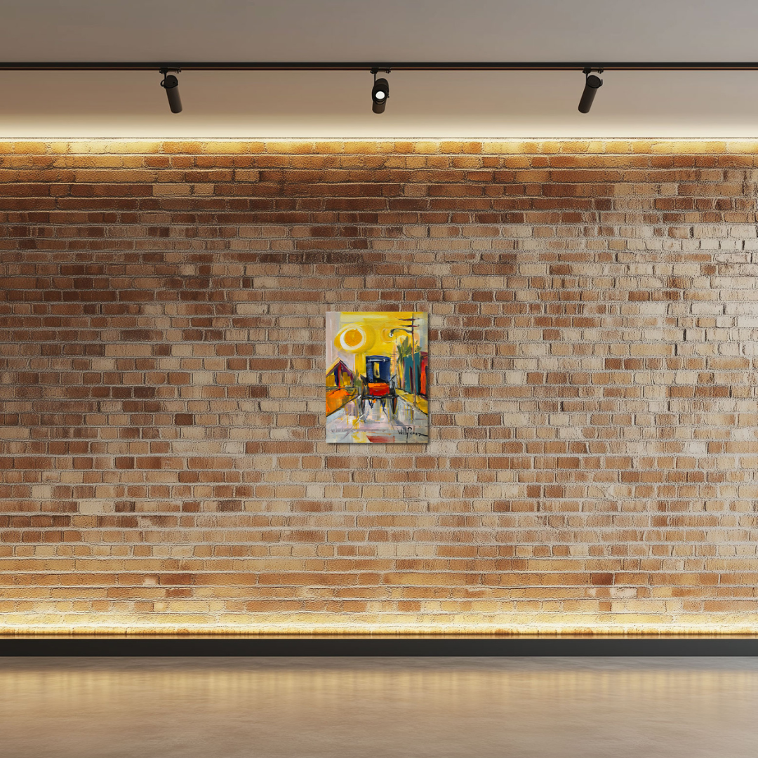 Carriage II acrylic painting displayed on a brick wall by Willy Perez, colorful horse carriage under golden sun in abstract urban Caribbean scene