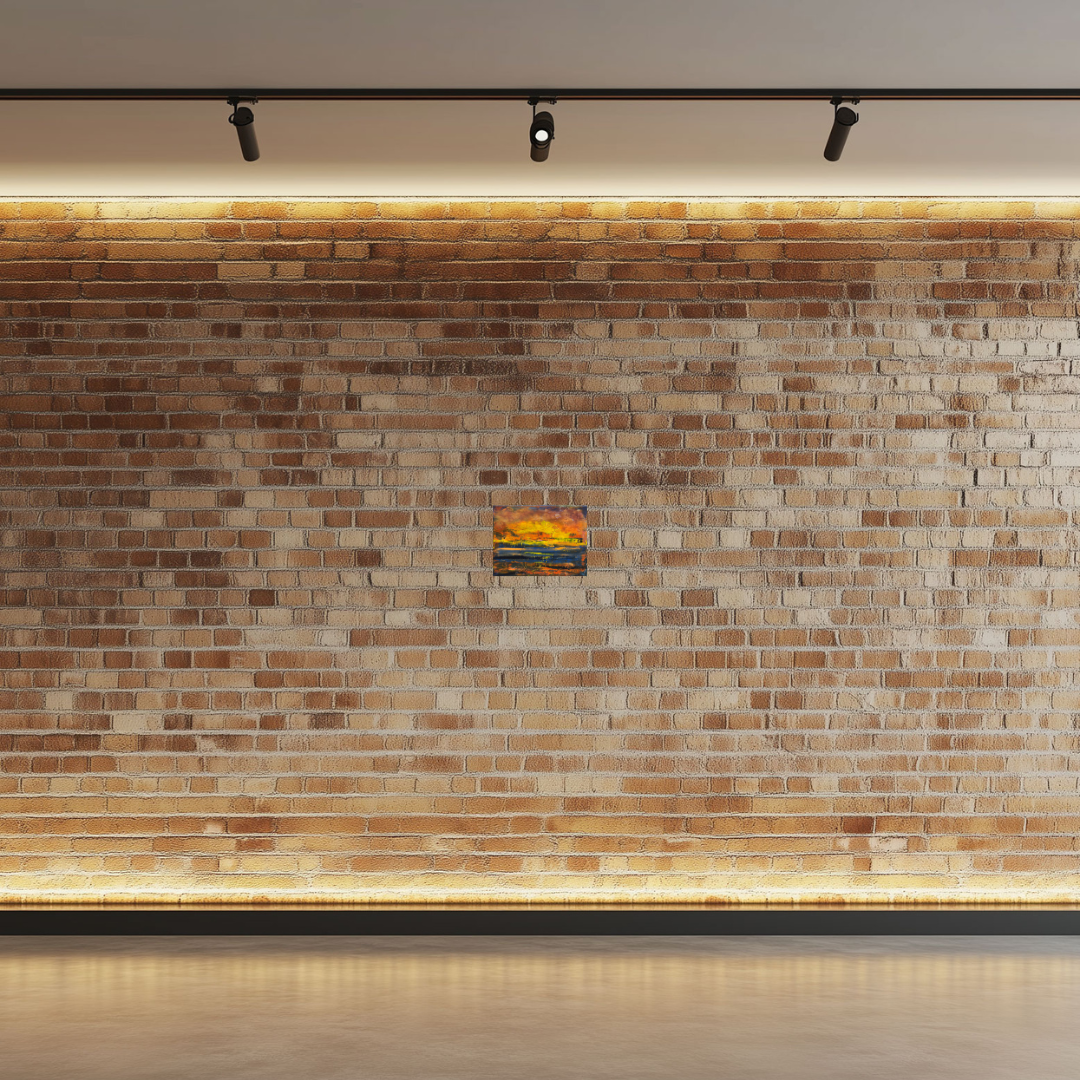 Abstract fiery landscape oil painting displayed on a brick wall by Guillo Perez III using palette knife technique, warm orange sky over deep blue water