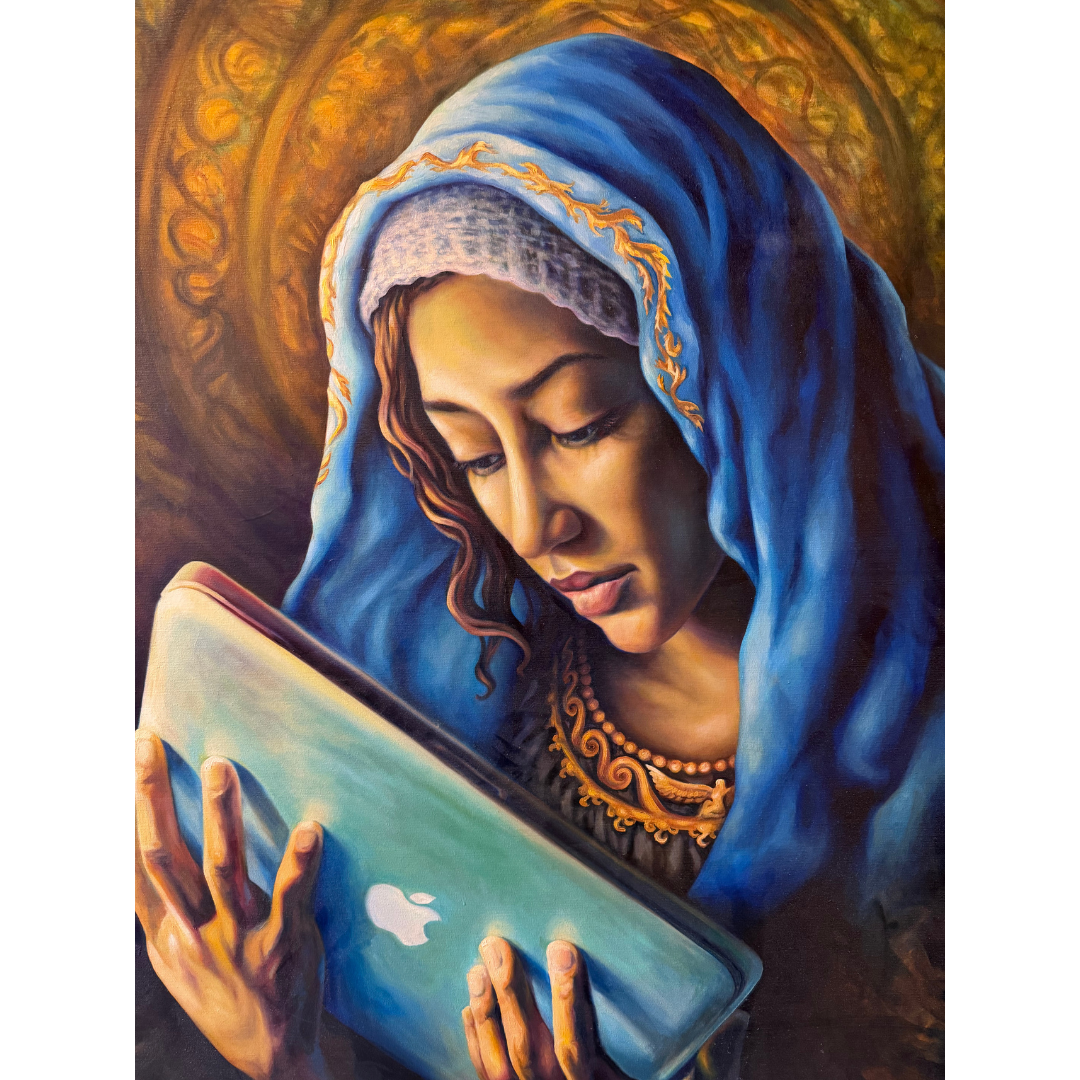 Anonymous modern figurative artwork showing a haloed woman in a contemplative pose with an Apple logo laptop, referencing traditional religious imagery through a contemporary lens.