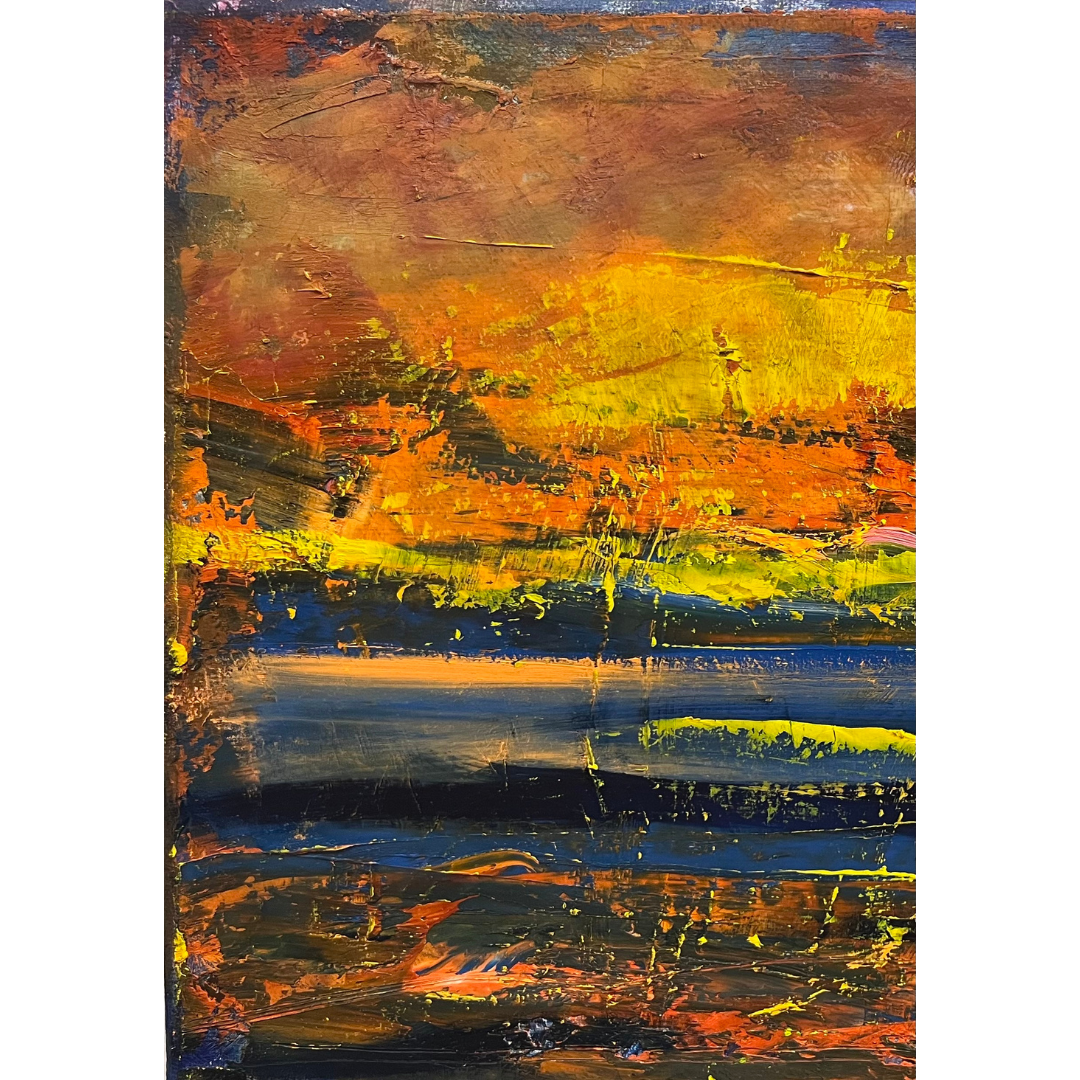 A section of an abstract fiery landscape oil painting by Guillo Perez III using palette knife technique, warm orange sky over deep blue water