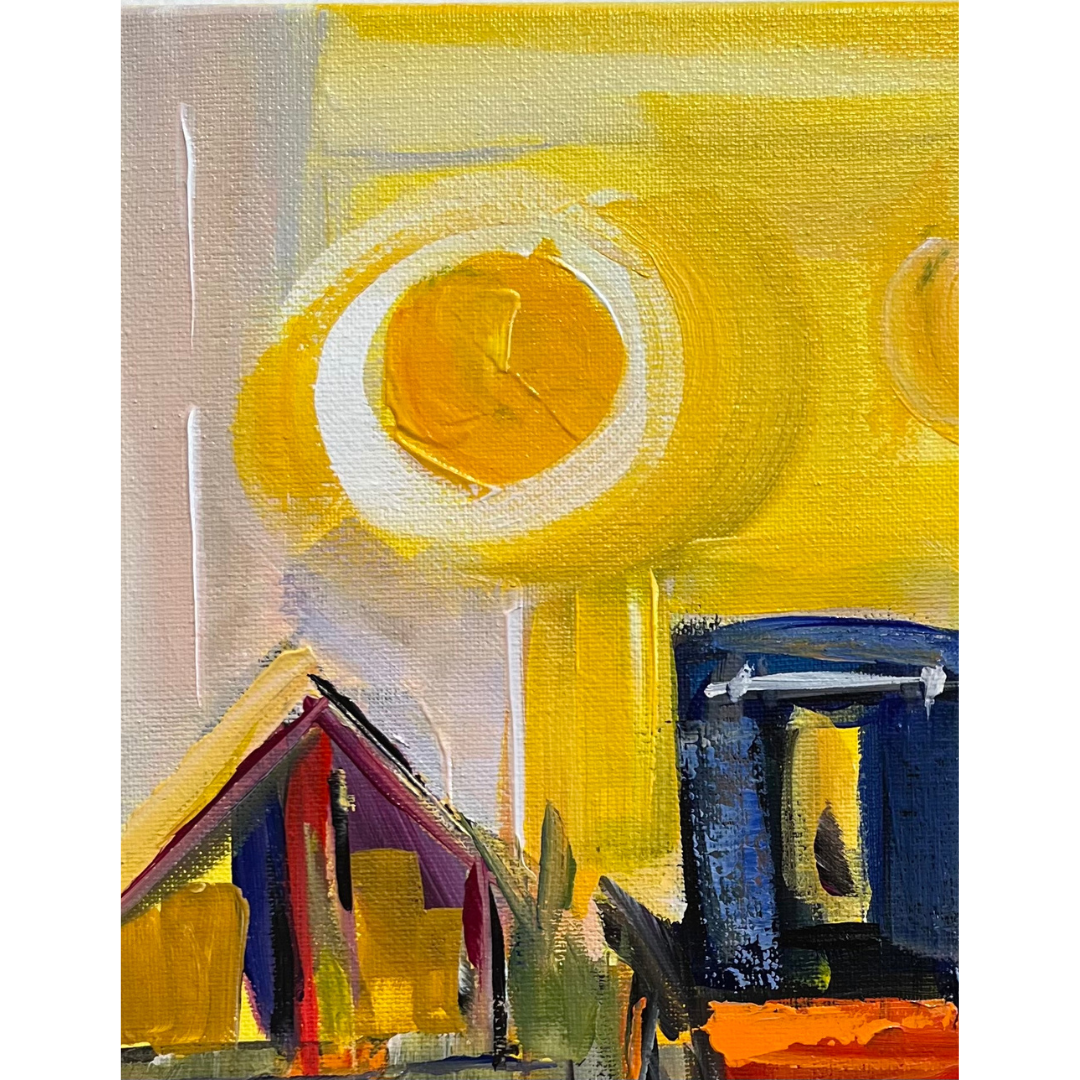 A section of Carriage II acrylic painting by Willy Perez, colorful horse carriage under golden sun in abstract urban Caribbean scene