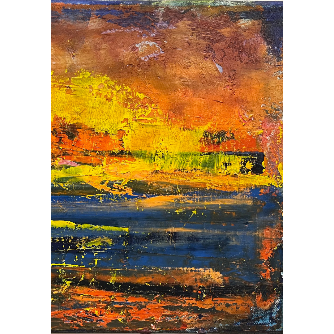 A section of an abstract fiery landscape oil painting by Guillo Perez III using palette knife technique, warm orange sky over deep blue water