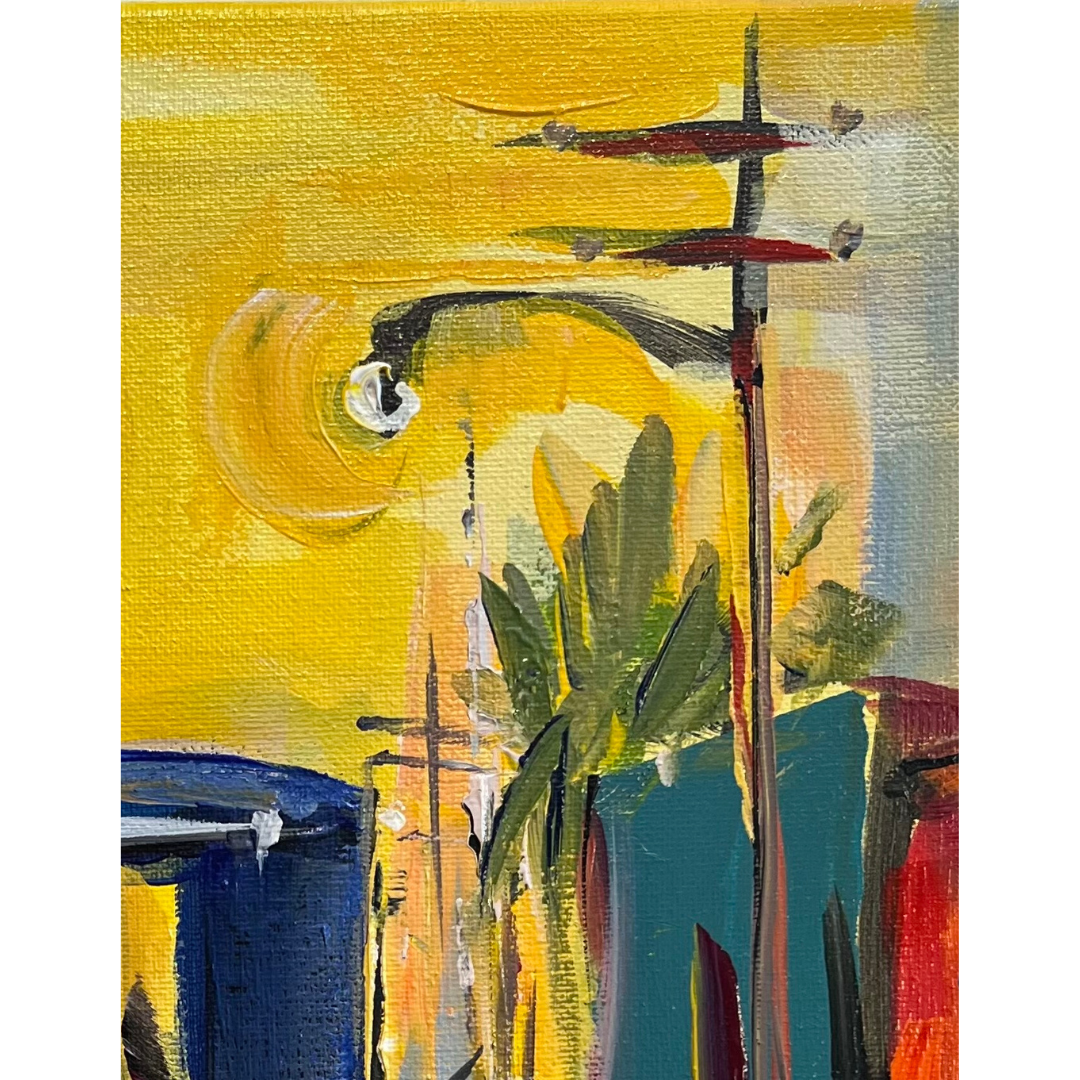 A section of Carriage II acrylic painting by Willy Perez, colorful horse carriage under golden sun in abstract urban Caribbean scene