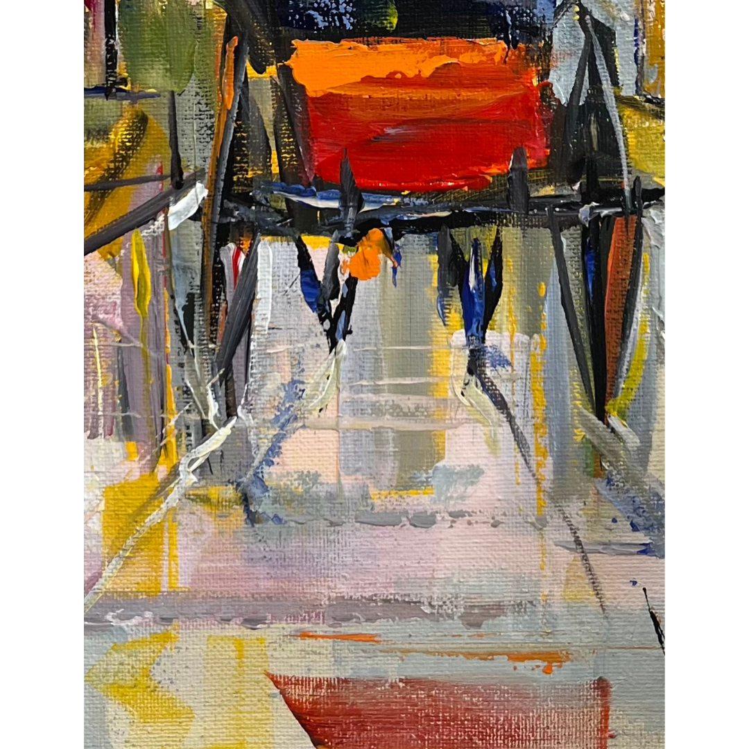 A section of Carriage II acrylic painting by Willy Perez, colorful horse carriage under golden sun in abstract urban Caribbean scene.
