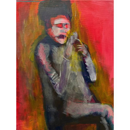 Contemporary figurative painting by Guillo Perez III titled “A Penny for your thoughts,” featuring a black-clad figure reclining and lighting a cigarette against a vivid red abstract background, evoking emotion, introspection, and modern art therapy themes.