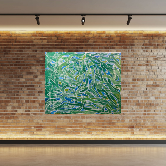 Abstract No. 2, original mixed media on canvas by Greg Latch, tangled green ribbons outlined in white with shards of bright blue and lime showing through, displayed on a brick wall, Marcolina's Fine Arts Gallery, Tampa, Florida