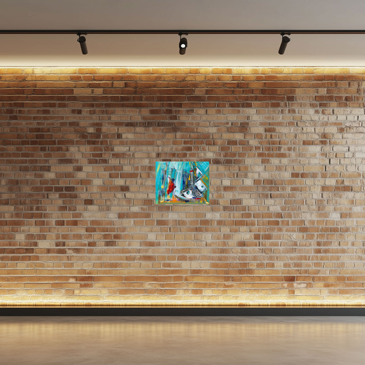Acuario I, acrylic painting by Willy Pérez, displayed on a brick wall, Marcolina's Fine Arts Gallery, Tampa, Florida