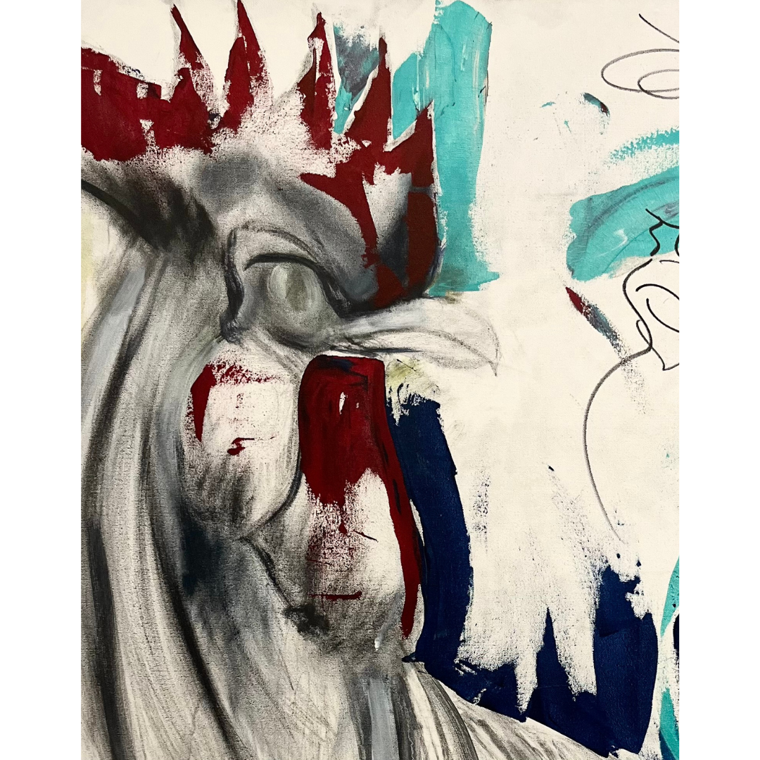 Apollo by Guillo Pérez III,  face of rooster stands stoic and defiant, painted with bold strokes and vibrant colors, reflecting Caribbean heritage and contemporary expression.
