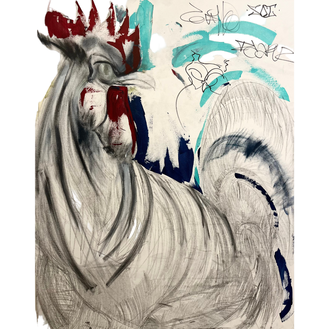 Apollo by Guillo Pérez 3, 50x60 in mixed media on canvas. The rooster stands stoic and defiant, painted with bold strokes and vibrant colors, reflecting Caribbean heritage and contemporary expression.