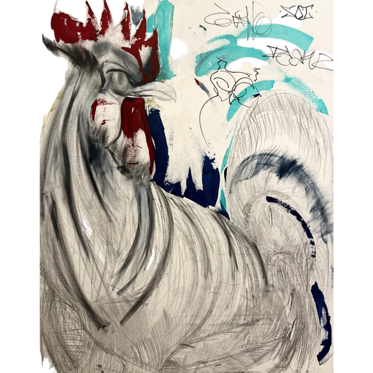 Apollo by Guillo Pérez 3, 50x60 in mixed media on canvas. The rooster stands stoic and defiant, painted with bold strokes and vibrant colors, reflecting Caribbean heritage and contemporary expression.