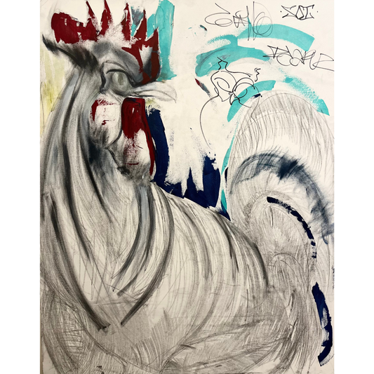 Apollo by Guillo Pérez III, 50x60 in mixed media on canvas. The rooster stands stoic and defiant, painted with bold strokes and vibrant colors, reflecting Caribbean heritage and contemporary expression.