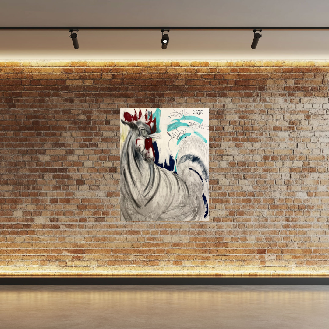 Apollo by Guillo Pérez 3,  rooster stands stoic and defiant, painted with bold strokes and vibrant colors, reflecting Caribbean heritage and contemporary expression, presented over a brick wall.