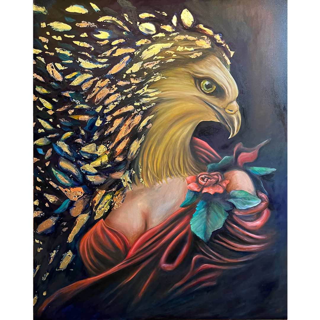 Architectus Cupiditatis, original oil painting with gold leaf by Blake Emory, a woman in a red gown with a hawk’s head in profile holding a rose, gold leaf flakes streaming across a dark ground, Marcolina’s Fine Arts Gallery, Tampa, Florida