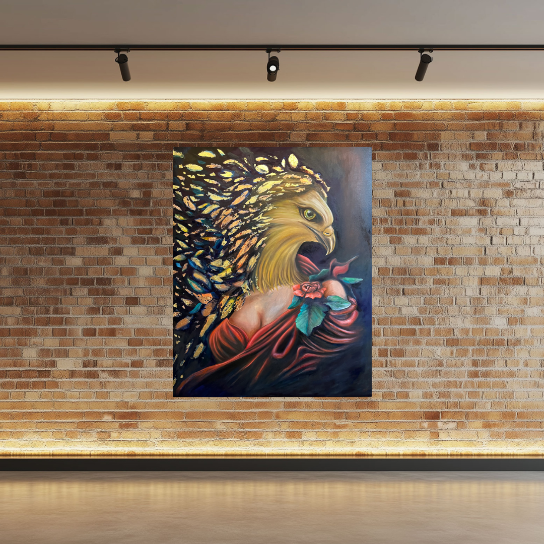 Architectus Cupiditatis, original oil painting with gold leaf by Blake Emory on a brick wall, a woman in a red gown with a hawk’s head in profile holding a rose, gold leaf flakes streaming across a dark ground, Marcolina’s Fine Arts Gallery, Tampa, Florida