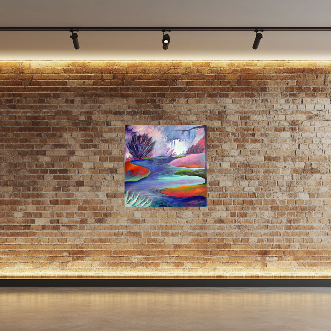 Blue Bayou, acrylic painting by Elizabeth Fontaine-Barr, displayed on a brick wall, Marcolina's Fine Arts Gallery, Tampa, Florida