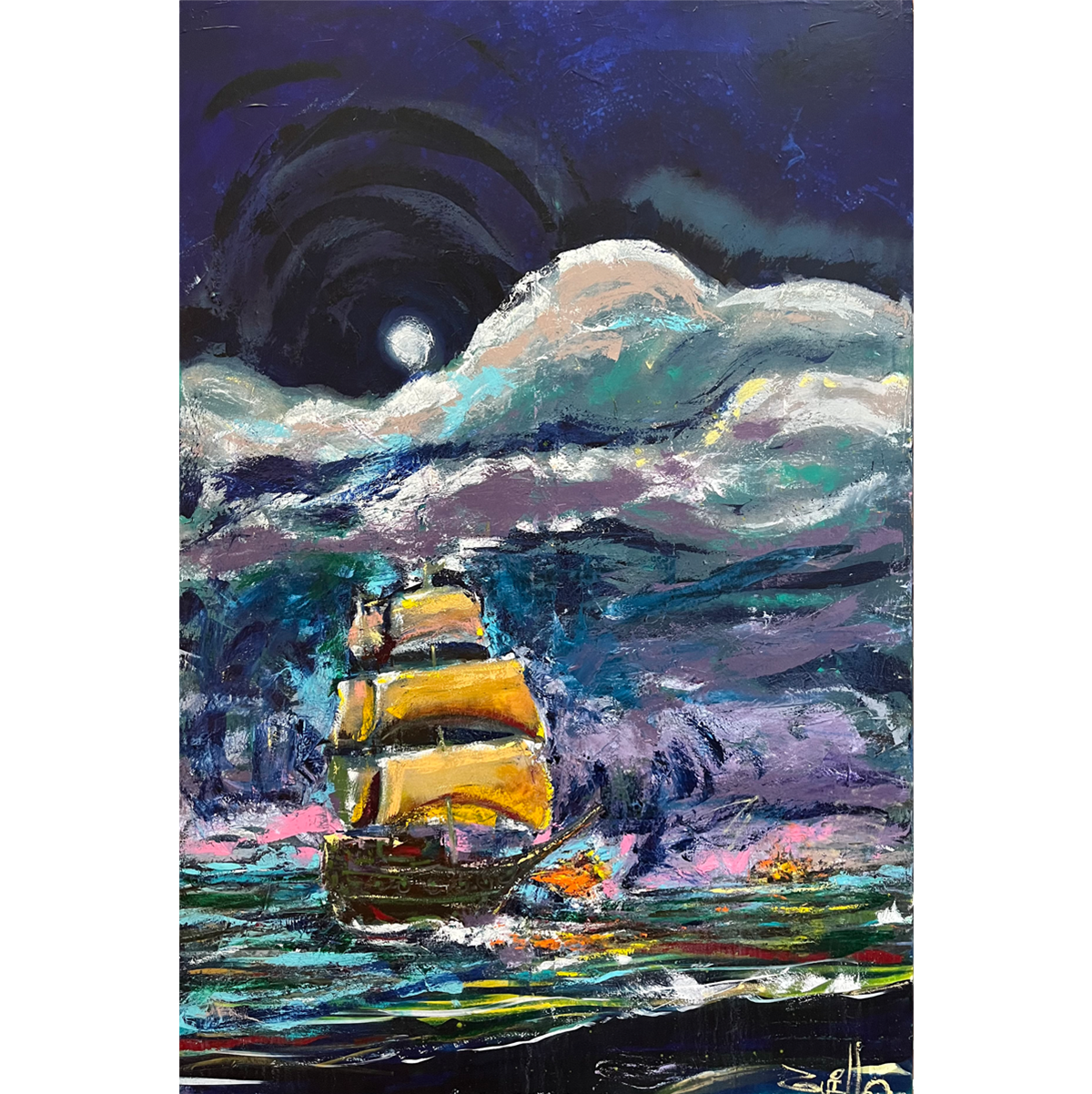 Captain Grey Beard by Guillo Perez 3, oil painting depicting a fleet of battleships in battle, with smoke, turbulent waters, and dramatic skies, conveying strength and courage.