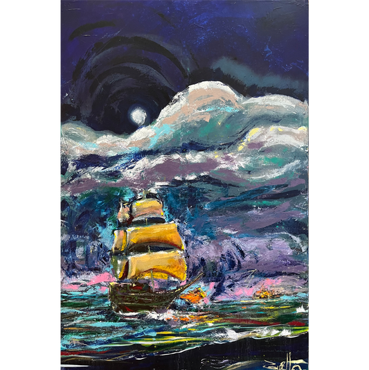 Captain Grey Beard by Guillo Perez 3, oil painting depicting a fleet of battleships in battle, with smoke, turbulent waters, and dramatic skies, conveying strength and courage.